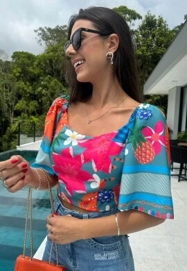 CROPPED AMARRAÇÕES ESTAMPADO - COSH JEANS - Azul