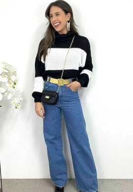 CROPPED DE LISTRAS FEMININO GOLA BOBA  COSH JEANS - Preto