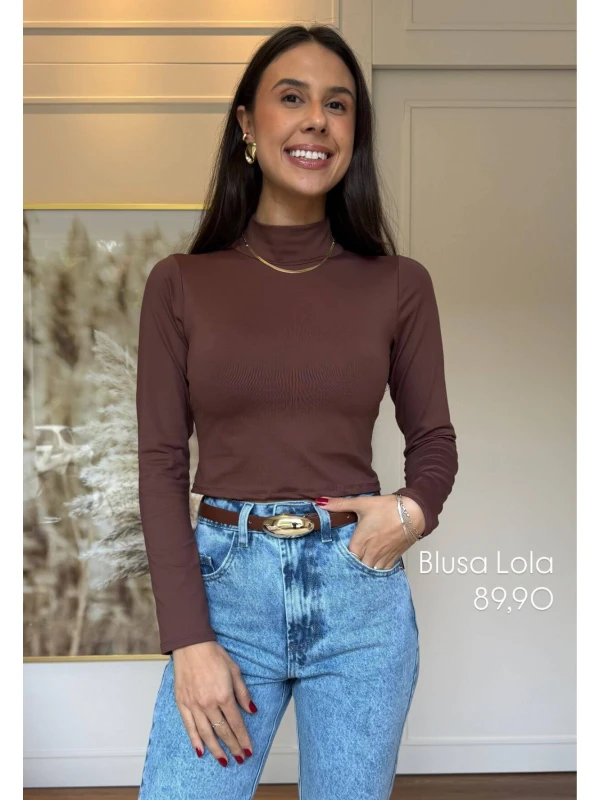 CROPPED FEMININO GOLA ALTA LOLA - COSH JEANS - Marrom