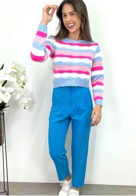 CROPPED LÃ MANGAS LONGAS DE LISTRAS FEMININO  COSH JEANS - Azul