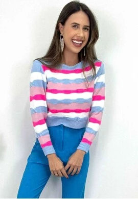CROPPED LÃ MANGAS LONGAS DE LISTRAS FEMININO  COSH JEANS - Azul