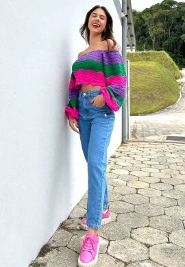 CROPPED TRICOT MANGA LONGA - COSH JEANS - Verde/pink/roxo