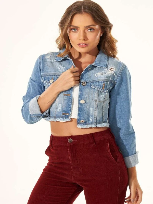 JAQUETA JEANS CROPPED DESTROYED - Jeans