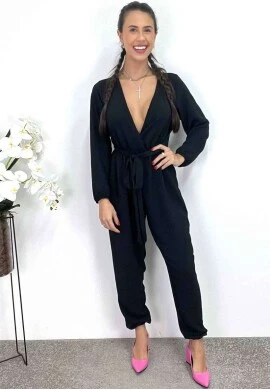 MACACÃO LONGO LISO COM AMARRAÇÃO  COSH JEANS - Preto