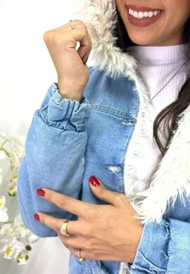 PARKA JEANS CLARA PELUCIADA COM CAPUZ FEMININA  COSH JEANS - Jeans