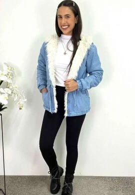 PARKA JEANS CLARA PELUCIADA COM CAPUZ FEMININA  COSH JEANS - Jeans