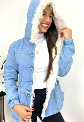 PARKA JEANS CLARA PELUCIADA COM CAPUZ FEMININA  COSH JEANS - Jeans