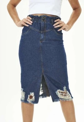 SAIA LONGA FEMININA BARRA DESFIADA - Jeans