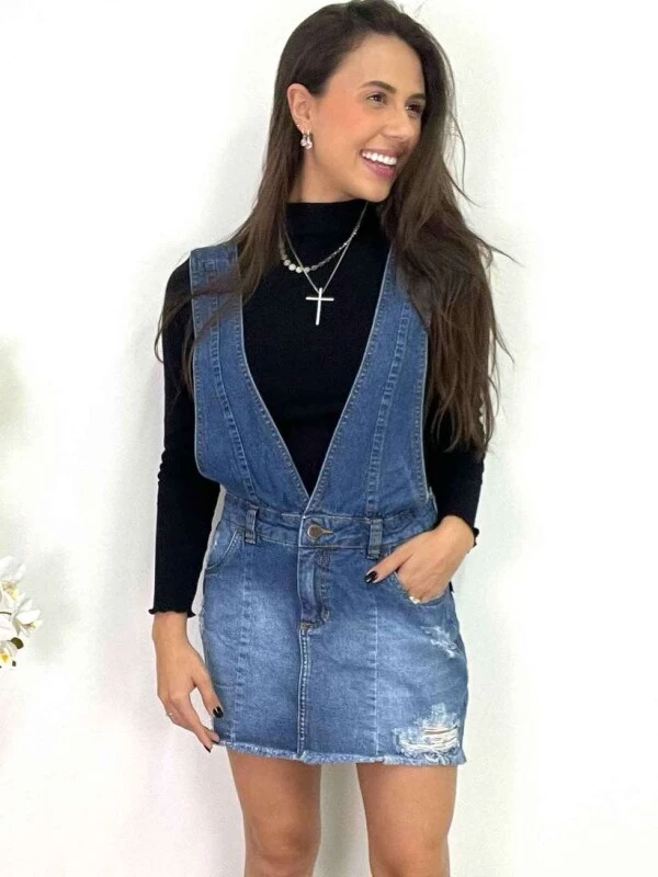 SALOPETE JEANS ESCURO DESTROYED - Jeans
