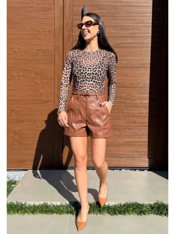 SHORTS ALICIA PU COM CINTO - COSH JEANS - Marrom