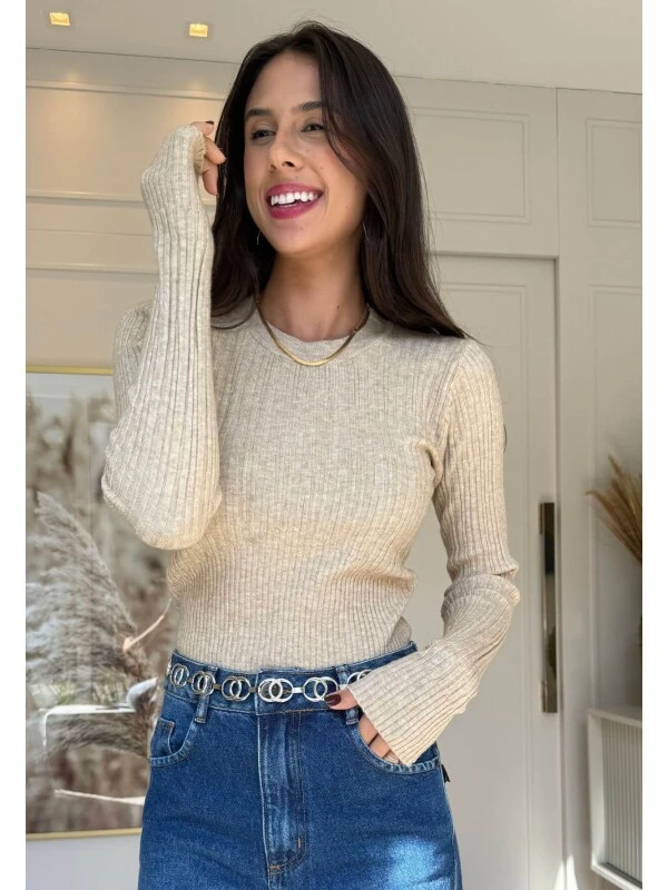 SUETER CANELADO MAGNOLIA - COSH JEANS - Bege