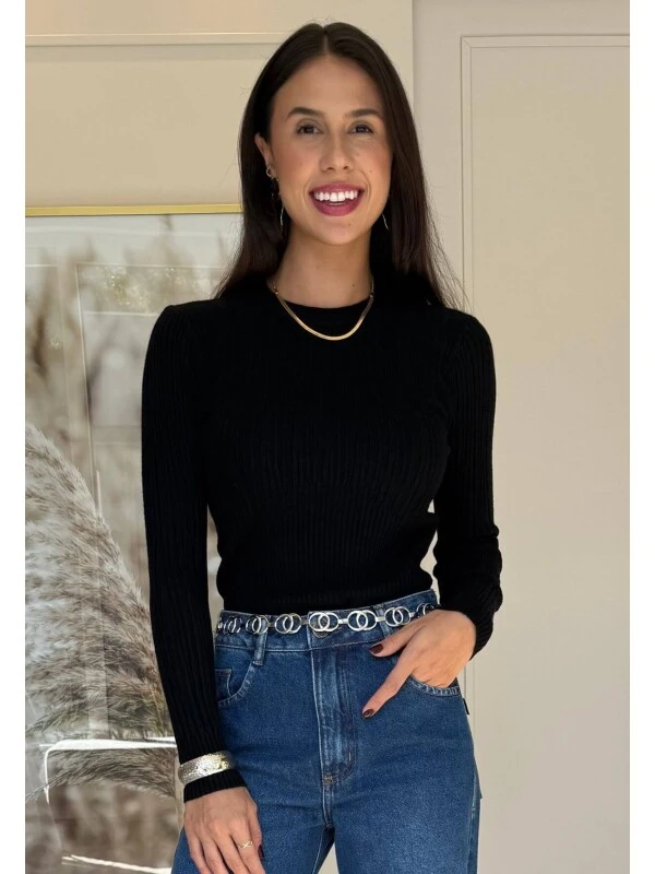 SUETER CANELADO MAGNOLIA - COSH JEANS - Preto