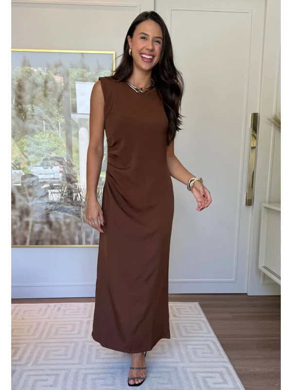 VESTIDO ARLETE DRAPEADO - COSH JEANS - Marrom