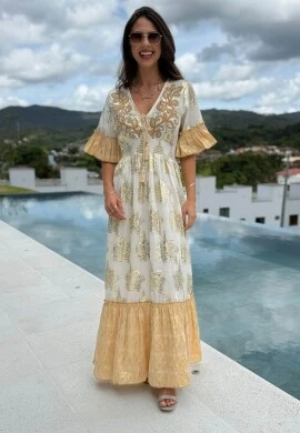 VESTIDO BOHO CHIC COM MANGA - COSH JEANS - Camurça