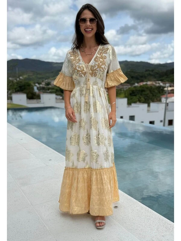 VESTIDO BOHO CHIC COM MANGA - COSH JEANS - Camurça