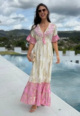 VESTIDO BOHO CHIC COM MANGA - COSH JEANS - Rosa