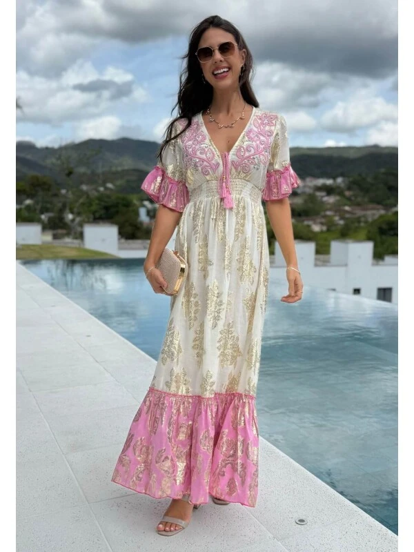 VESTIDO BOHO CHIC COM MANGA - COSH JEANS - Rosa