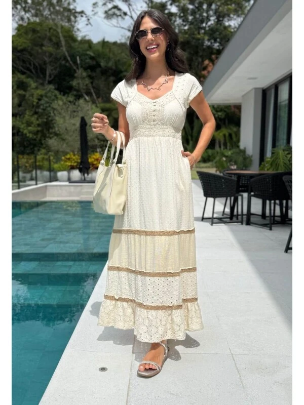 VESTIDO BOHO INDIANO LEASE - COSH JEANS - Bege
