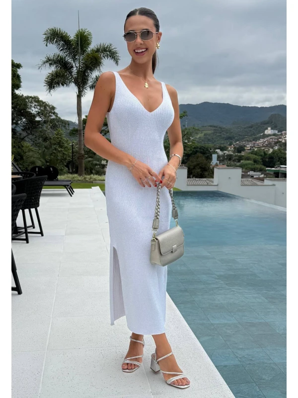 VESTIDO CANELADO BRILHANTE - COSH JEANS - Off white