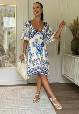VESTIDO CURTO COM MANGA - COSH JEANS - Azul estampado