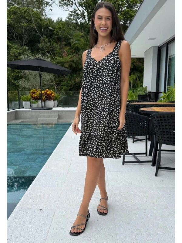 VESTIDO CURTO FLORAL - COSH JEANS - Preto