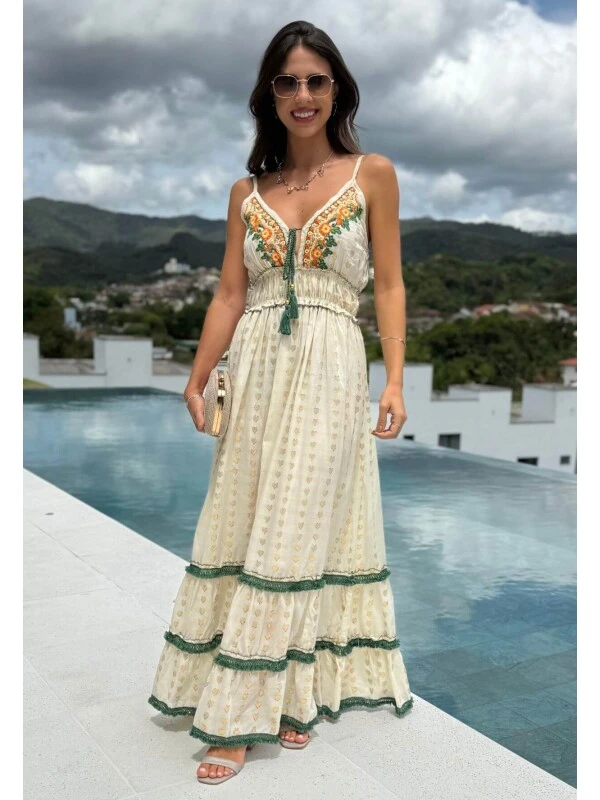 VESTIDO FEMININO BOHO CHIC - COSH JEANS - Bege