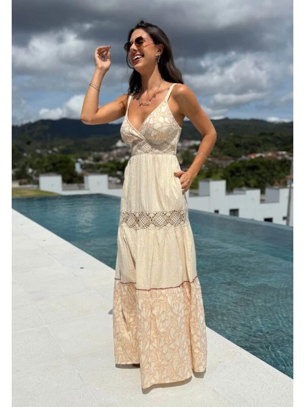 VESTIDO FEMININO BOHO FLORAL - COSH JEANS - Bege