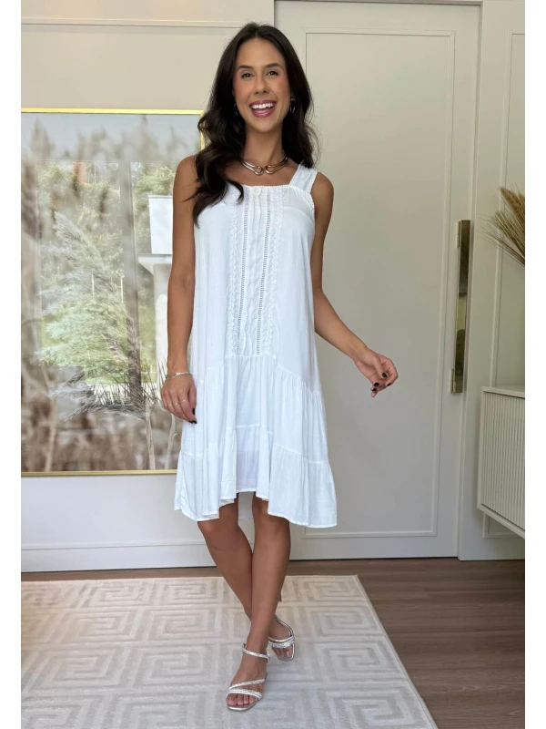 VESTIDO FEMININO BORDADO COM BABADOS - COSH JEANS - Off white