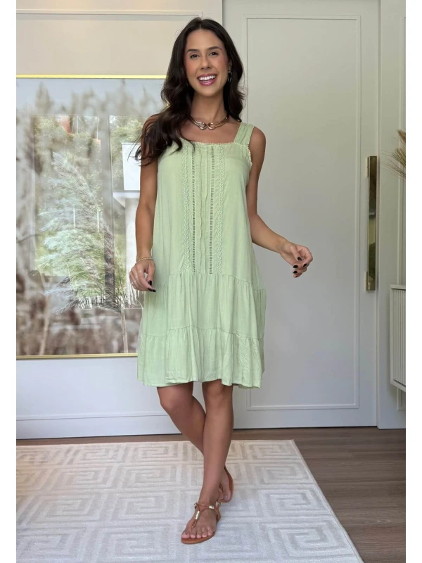 VESTIDO FEMININO BORDADO COM BABADOS - COSH JEANS - Verde maçã