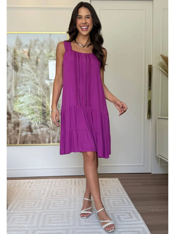 VESTIDO FEMININO BORDADO COM BABADOS - COSH JEANS - Violeta