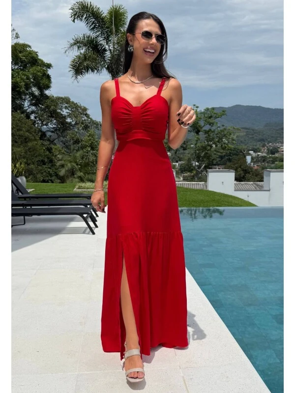 VESTIDO FEMININO COM FENDA LATERAL NATI - COSH JEANS - Vermelho
