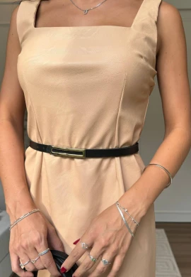VESTIDO FEMININO DE COURO COM CINTO - COSH JEANS - Nude
