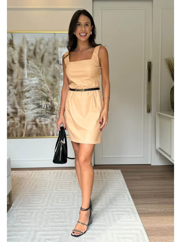 VESTIDO FEMININO DE COURO COM CINTO - COSH JEANS - Nude