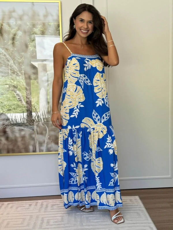 VESTIDO FEMININO ESMPADO COM FENDA LATERAL - COSH JEANS - Azul