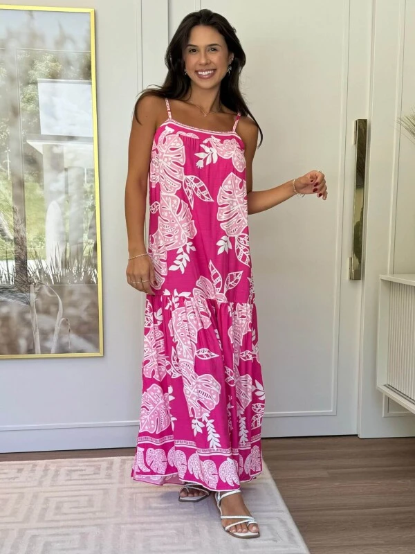 VESTIDO FEMININO ESMPADO COM FENDA LATERAL - COSH JEANS - Rosa