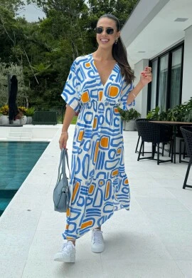 VESTIDO FEMININO ESTAMPADO C/ LASTEX - COSH JEANS - Azul