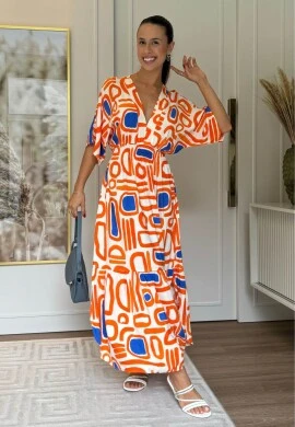 VESTIDO FEMININO ESTAMPADO C/ LASTEX - COSH JEANS - Laranja