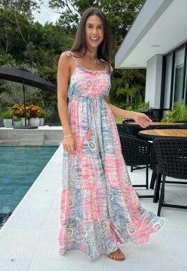 VESTIDO FEMININO INDIANO COM LASTEX - COSH JEANS - Goiaba