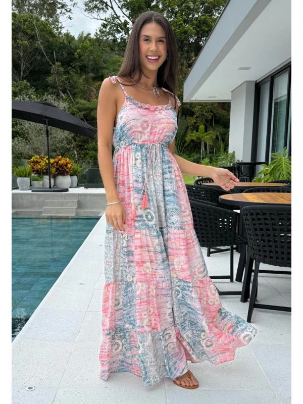 VESTIDO FEMININO INDIANO COM LASTEX - COSH JEANS - Goiaba