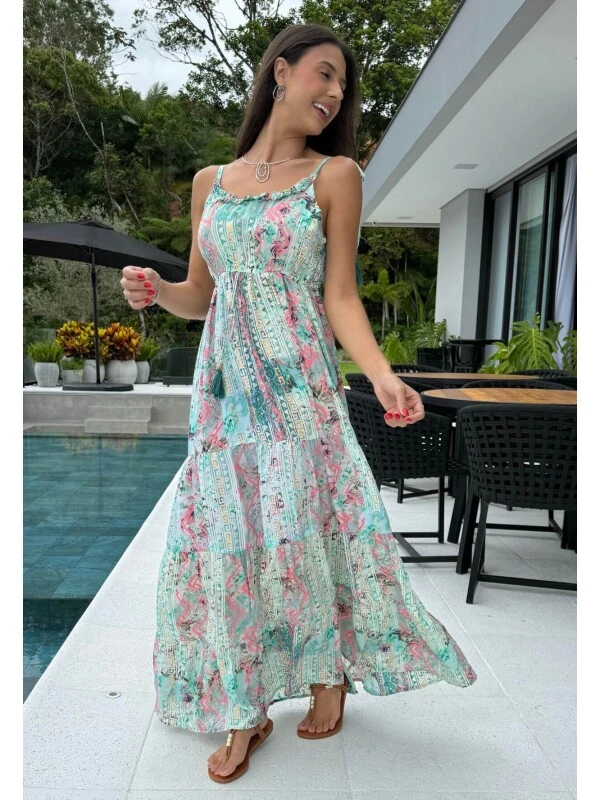 VESTIDO FEMININO INDIANO COM LASTEX - COSH JEANS - Verde agua