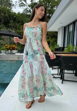 VESTIDO FEMININO INDIANO COM LASTEX - COSH JEANS - Verde agua