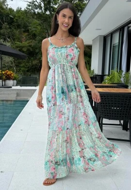 VESTIDO FEMININO INDIANO COM LASTEX - COSH JEANS - Verde agua