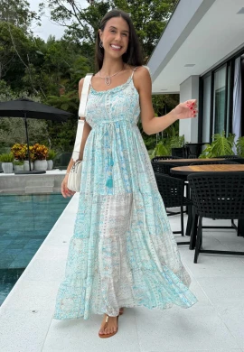 VESTIDO FEMININO INDIANO COM LASTEX - COSH JEANS - Verde claro