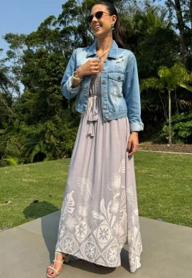 VESTIDO FEMININO JACAR ESTAMPADO - COSH - Cinza