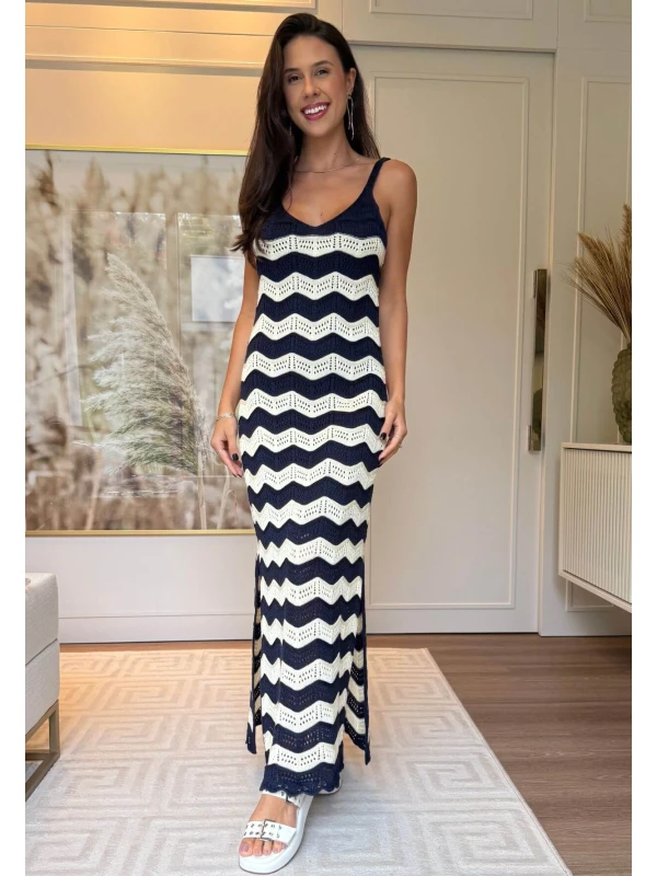 VESTIDO FEMININO JOICE LISTRADO - COSH JEANS - Marinho/off