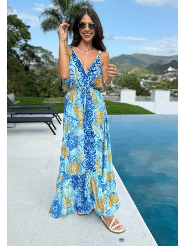 VESTIDO FEMININO LONGO INDIANO COM BABADO - COSH JEANS - Azul