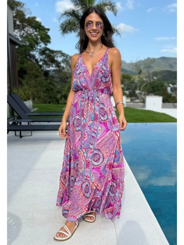 VESTIDO FEMININO LONGO INDIANO COM BABADO - COSH JEANS - Rosa