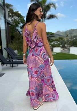 VESTIDO FEMININO LONGO INDIANO COM BABADO - COSH JEANS - Rosa