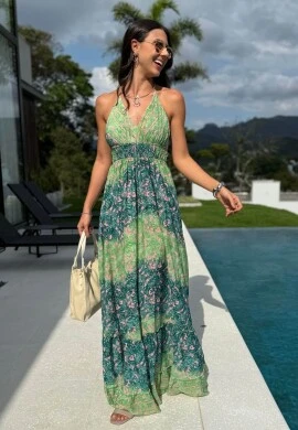 VESTIDO FEMININO LONGO INDIANO LAÇO - COSH JEANS - Verde