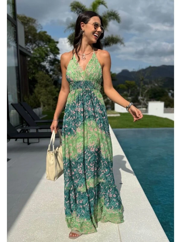 VESTIDO FEMININO LONGO INDIANO LAÇO - COSH JEANS - Verde